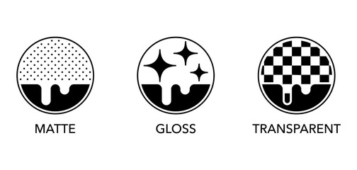 Matte, Gloss and Transparent - type of surface. Icons n monochrome style and circle shapes