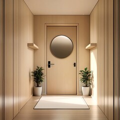 A modern hallway with light wood paneling and a round mirror above the door.