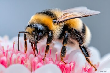 A bee on a flower, with a white background obtained by blurring the background .