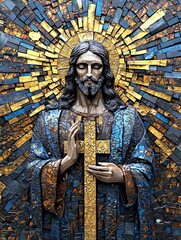 A stunning mosaic depicting Christ with a radiant halo, symbolizing faith and spirituality in a vibrant artwork.