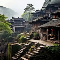 Fototapeta premium an AI Image Generator, Serene Ancient Village Pathway Through Traditional Chines