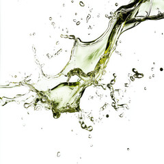 Olive oil splash creating dynamic water droplets on white