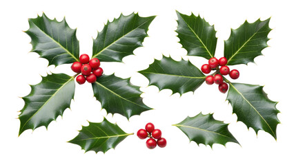 collection of holly leaves with red berries isolated on white background png