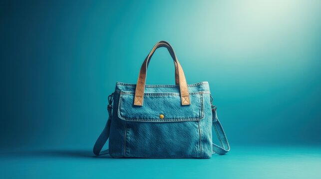 Sleek blue denim tote, tilted left; its rich brown leather handle curves gracefully to the right, inviting your touch