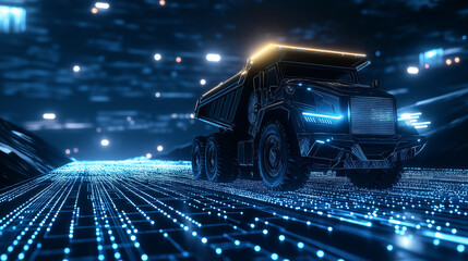 A massive futuristic mining truck with sleek metallic surfaces, illuminated by neon blue circuits, driving through a high-tech digital landscape with glowing grids and holographic