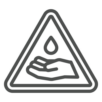 Triangle warning with drop and hand line icon, danger liquid concept. Vector graphics. Wash your hand attension sticker sign on white background, outline style icon for mobile or web design.