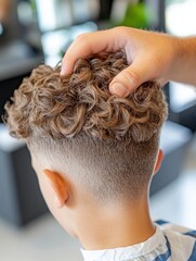 A barber is working with a client who has fine curly hair and a stylish haircut . 