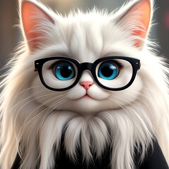 Portrait of a White Cat Wearing Glasses with Blue Eyes.