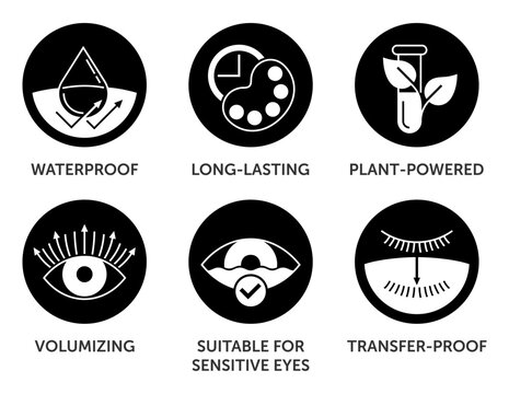 Mascara properties and benefits icons set in monochrome style and circle shapes