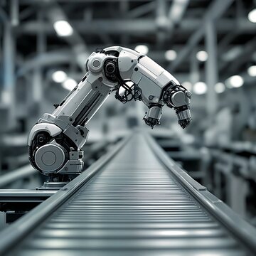 A robotic arm is depicted in an industrial setting, showcasing its ability to navigate and interact with its environment.