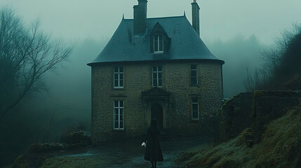 Mysterious Figure Approaches an Eerie Stone House Shrouded in Fog During a Gloomy Afternoon