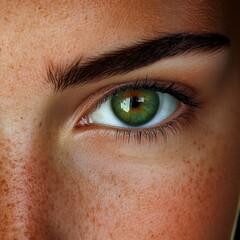 Fototapeta premium Close up of green eye with freckles surrounding it and sharp details in high resolution macro shot