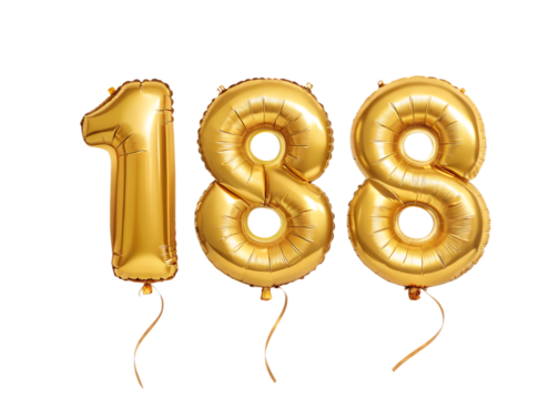 188 Number Shiny Gold Balloon, Celebratory Foil Balloon Decoration. isolated on transparent background, Helium balloons font.
