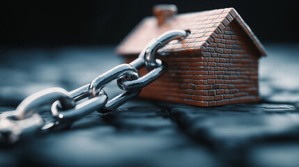 A traditional brick house with a digitally enhanced steel chain wrapped around it, symbolizing security and immutability in tokenized property transactions.