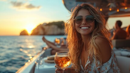 Group of five young adults enjoying a lively moment on a boat during sunset.