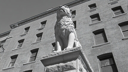 A Majestic Lion Statue Proudly Stands Guard Outside a Historic Brick Building on a Sunny Day With Clear Skies