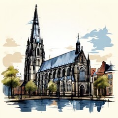 an AI Image Generator, Historic European Church by Waterfront