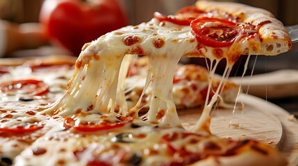 Delicious pizza with melted cheese being pulled from a slice, food photography