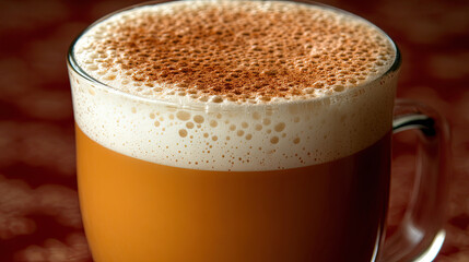 A Steaming Cup of Frothy Coffee Topped With Spices Sitting on a Decorative Tablecloth