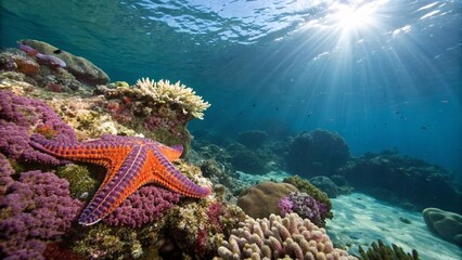 Vibrant starfish rests on a colorful coral reef, bathed in sunlight a breathtaking underwater scene of marine life and tranquility.