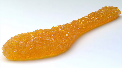 Detail of a Textured, Yellow-Orange Candy Resembling a Toothbrush, Sitting on a White Surface in a Well-Lit Environment