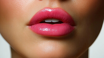 Close-up View of Glossy Pink Lips With Subtle Shine and Natural Skin Texture, Emphasizing Beauty and Cosmetic Details