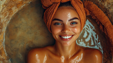 Relaxing Spa Day With a Young Woman Enjoying a Facial Treatment in a Natural Stone Basin, Smiling Brightly and Radiating Wellness