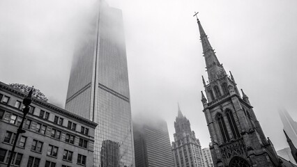 Gothic spire pierces fog, skyscrapers loom, a city shrouded in mystery and ethereal beauty. A dramatic contrast of old and new architecture.