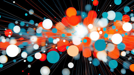 Abstract Illustration Featuring Dynamic Bursts of Colorful Dots and Lines on a Dark Background With Vibrant Hues of Red, Blue, and White
