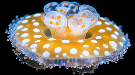 Colorful Jellyfish With Vibrant Spots Swimming Gracefully in Dark Ocean Waters While Illuminating the Surroundings