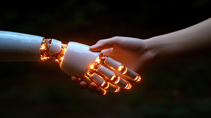 Connection Between Human and Robotic Hands Illuminated at Dusk Highlighting Technology and Interaction