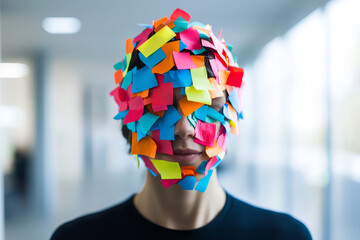 Overwhelmed Person Covered in Colorful Sticky Notes
