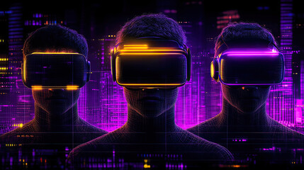 Three Individuals Immersed in Virtual Reality With Colorful Neon Lights in a Futuristic Cityscape at Night