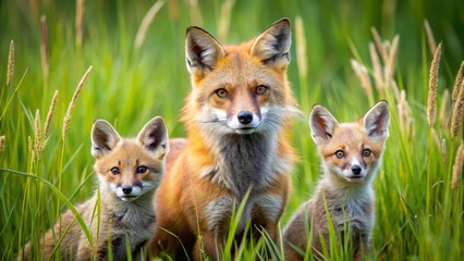 A vixen and her two kits amidst tall grass, a heartwarming scene of wildlife in its natural habitat