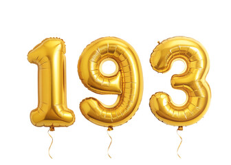 193 Number Shiny Gold Balloon, Celebratory Foil Balloon Decoration. isolated on transparent background, Helium balloons font.