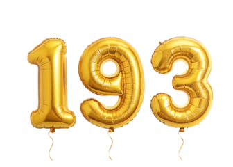 193 Number Shiny Gold Balloon, Celebratory Foil Balloon Decoration. isolated on transparent background, Helium balloons font.