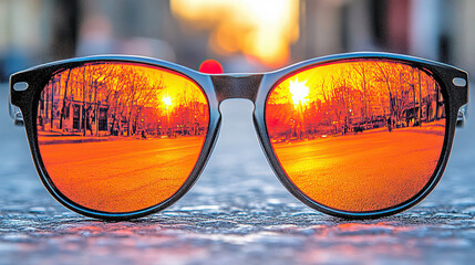 Reflective Sunglasses Showcase a Stunning Sunset Over an Urban Street During Golden Hour