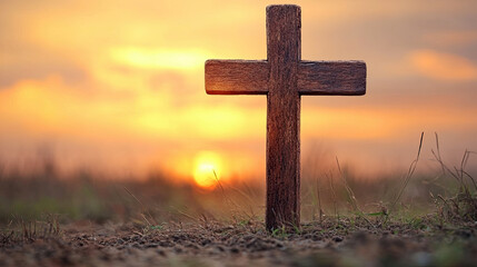 Sunset Over a Wooden Cross in a Peaceful Field Symbolizing Hope and Reflection During Twilight
