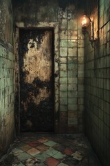 Obraz premium haunting bathroom interior, tiled with faded colors, showcasing a partially open panel that exposes a thick growth of black mold fungus