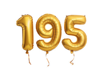 195 Number Shiny Gold Balloon, Celebratory Foil Balloon Decoration. isolated on transparent background, Helium balloons font.