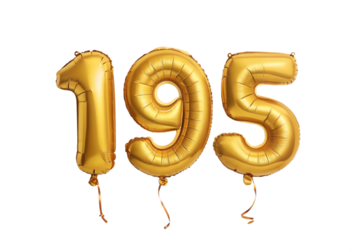 195 Number Shiny Gold Balloon, Celebratory Foil Balloon Decoration. isolated on transparent background, Helium balloons font.