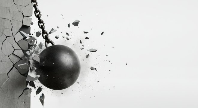 Wrecking ball breaking wall, symbolizes destruction or demolition