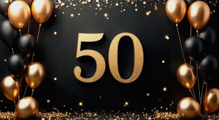 Luxurious black and gold birthday invitation for a 50th celebration with balloons and champagne