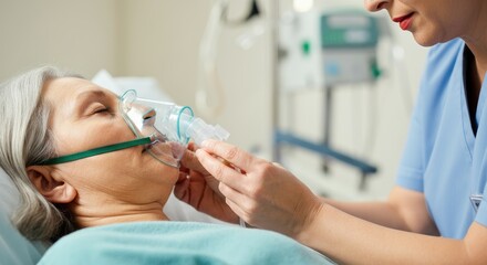 Fototapeta premium Senior woman receiving oxygen therapy from healthcare professional