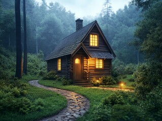 Fototapeta premium Cozy Wooden Cabin Surrounded by Lush Green Forest in Soft Evening Light