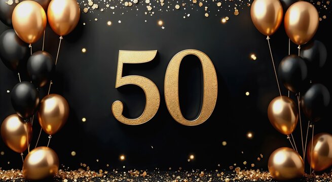 Luxurious black and gold birthday invitation for a 50th celebration with balloons and champagne