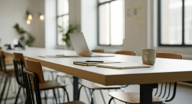 Modern workspace with large table, chairs, scattered notebooks, and mug, illuminated by natural light from windows