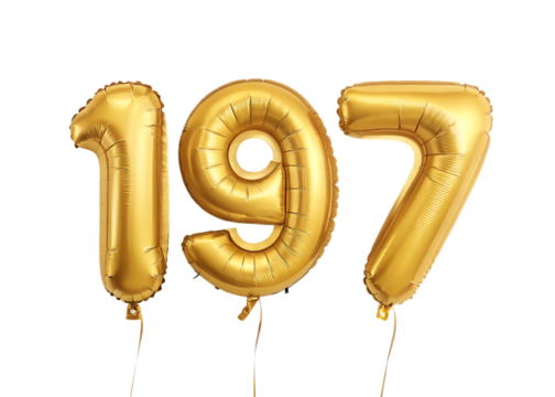 197 Number Shiny Gold Balloon, Celebratory Foil Balloon Decoration. isolated on transparent background, Helium balloons font.