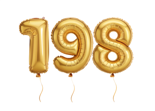 198 Number Shiny Gold Balloon, Celebratory Foil Balloon Decoration. isolated on transparent background, Helium balloons font.