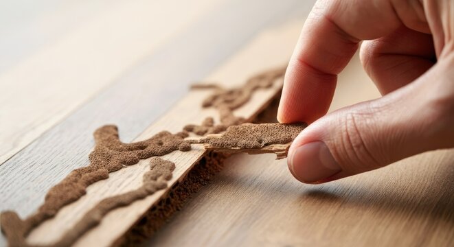 Hand revealing termite damage in wooden floorboards Pest control concept